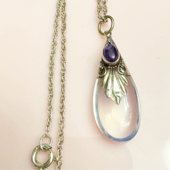 Beautiful Opalite Amethyst Sterling Silver 925 Pendant Necklace - Picture 3 of 14